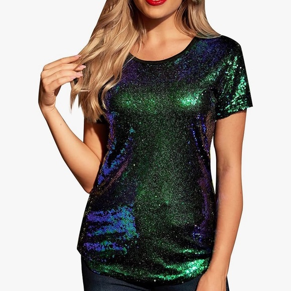 Amazon Tops - Mermaid Green Sequin Short Sleeve T-Shirt